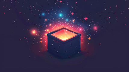 A dark-themed illustration of an open box emitting colorful sparkles and lights, creating a magical and enchanting visual effect.