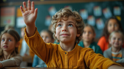 Enthusiastic children in the classroom at elementary school.
