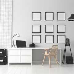 Light room interior with working place, variety of mock up posters on wall with empty copy space for text or picture. White furniture, lamp, chair in minimalistic style