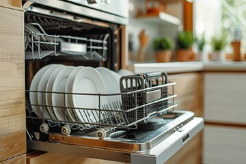 Dishwasher machine with clean dishes in modern kitchen, closeup