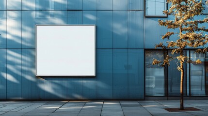 Modern exterior with a blank white square sign mounted on a wall, suitable for branding and advertising mockups