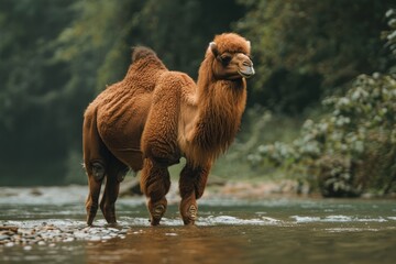 Full body view of Bactrian Camel in the river natural habitat, full body shot, full body View