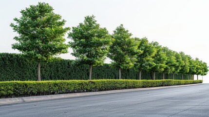 Row of leafy trees and neatly trimmed hedges along a road, set against a white background, emphasizing urban landscaping