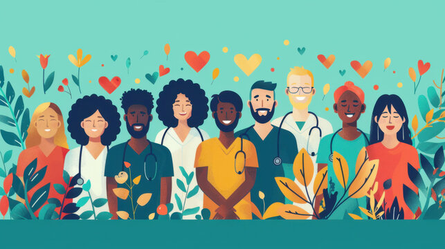 Illustration of a diverse group of healthcare professionals surrounded by heart symbols and plants, promoting love and care in healthcare.