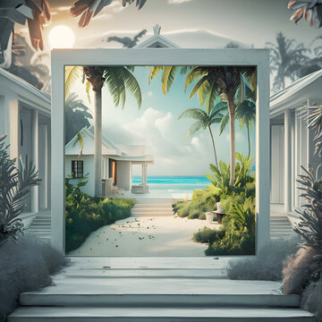 abstract digital art with white tropical bungalow, nestled on ovean beach with  azure clear water. travel and relax concept. Ai generated