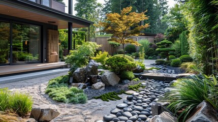 Beautifully landscaped garden with a mix of small trees, shrubs, and rocks, creating a serene and natural setting