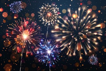 Fototapeta premium Fireworks with brightly shining sparks. Bright fireworks explosions isolated on transparent background. Festive sparks and explosions. Realistic light effect 