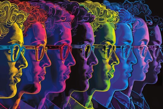 Vibrant neon profiles of people blending into a digital matrix, symbolizing technology, connection, and modern society in a futuristic design