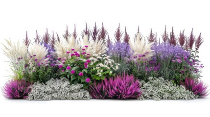 Naklejka premium Vibrant flower bed with a mix of lavender and white ornamental grasses, set against a white background, creating a colorful and serene garden scene