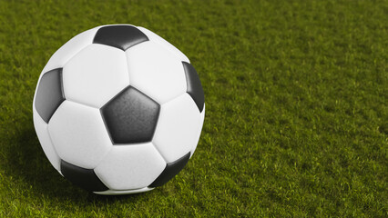 Fototapeta premium black and white soccer ball on playing field, dark green grass, fun and sports theme, 3d illustration