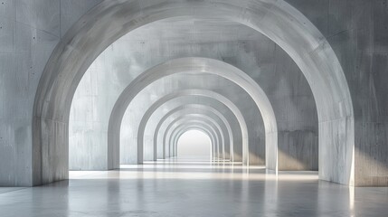 Obraz premium Minimalist interior with a series of gray concrete arches and a smooth floor, creating a serene and spacious environment