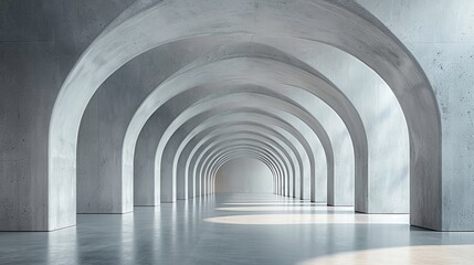 Obraz premium Minimalist interior with a series of gray concrete arches and a smooth floor, creating a serene and spacious environment