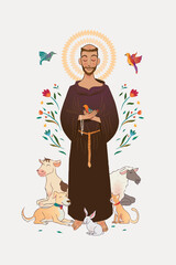 illustration of saint francis near to animals. Colorful, happy, stylized, caricature, childish art. light background