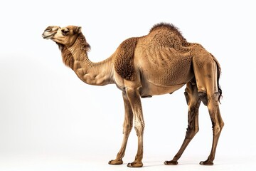 the beside view of a Bactrian Camel, left side view, white copy space on right, dutch angle view, isolated on white background