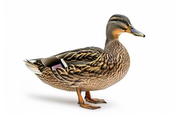 Fototapeta premium the beside view of a Indian Spot-billed Duck, left side view, white copy space on right, dutch angle view, isolated on white background