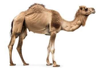 the beside view of a Kalmyk Camel, left side view, white copy space on right, dutch angle view, isolated on white background