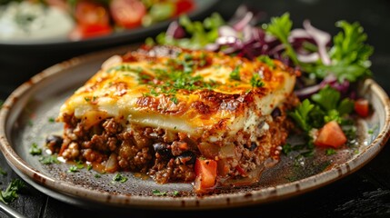 moussaka with greek salad, a classic local dish from greece, represents mediterranean cuisine in one satisfying meal