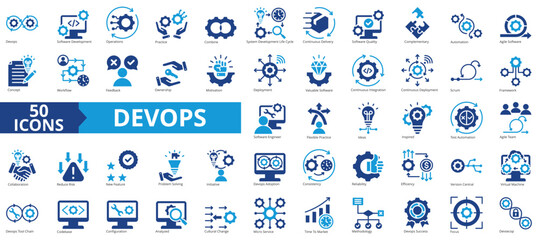 DevOps icon collection set. Containing software, development, operations, practice, combine, system development life cycle icon. Simple flat vector