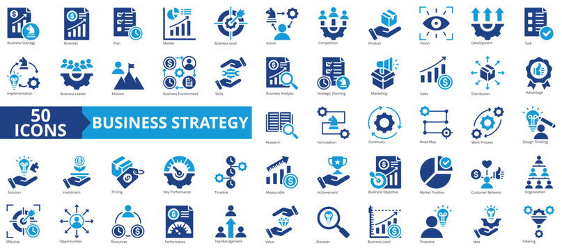 Business strategy icon collection set. Containing business, plan, market, goal, action, competition, product icon. Simple flat vector
