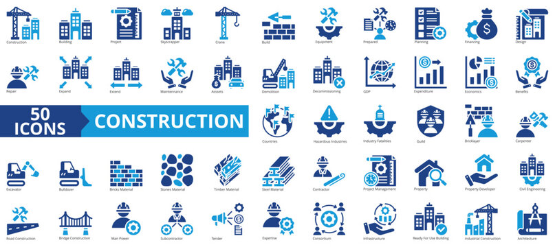 Construction icon collection set. Containing building, project, skyscraper, crane, build, equipment, prepared icon. Simple flat vector