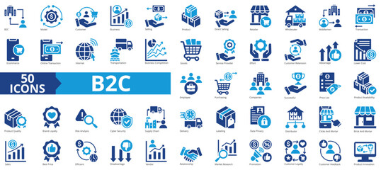 B2C icon collection set. Containing business model, customer, service, selling, product, direct selling, retailer icon. Simple flat vector