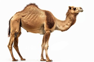 the beside view of a Wild Bactrian Camel, left side view, white copy space on right, dutch angle view, isolated on white background