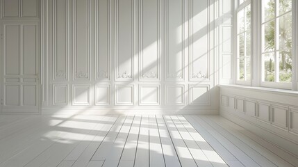 Obraz premium Minimalist interior with vertical white paneling and soft natural light, creating a clean and serene atmosphere