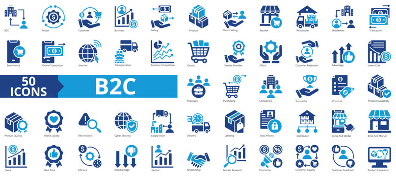 B2C icon collection set. Containing business model, customer, service, selling, product, direct selling, retailer icon. Simple flat vector