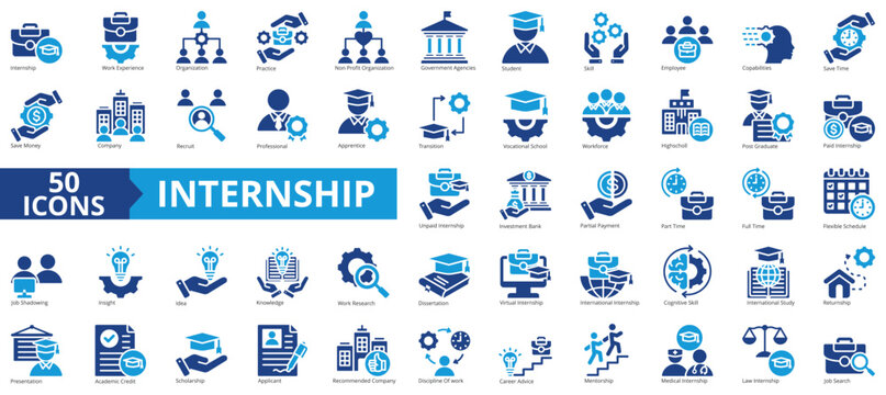 Internship icon collection set. Containing work experience, apprentice, practice, employee, recruitment, student icon. Simple flat vector