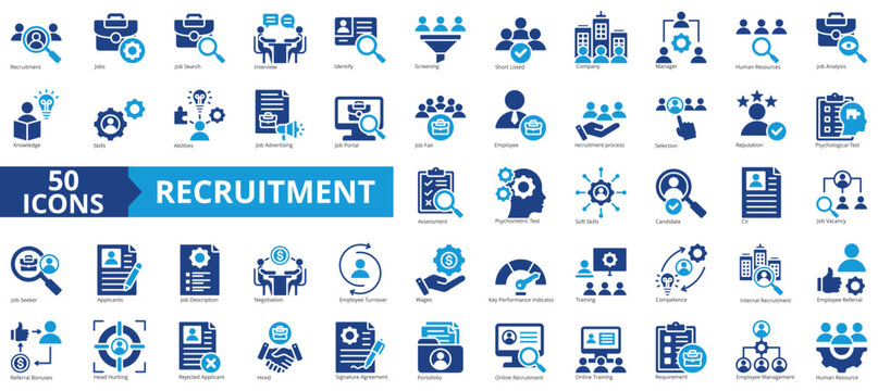 Recruitment icon collection set. Containing job search, interview, job fair, screening, short listed, employee icon. Simple flat vector
