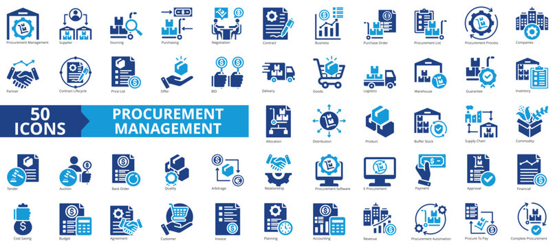 Procurement management icon collection set. Containing supplier, sourcing, purchasing, negotiation, contract, business, purchase order icon. Simple flat vector