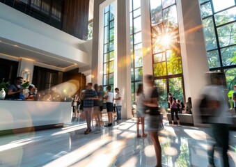 Blurred image of people in a hotel lobby with large windows. AI.