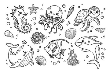 Fototapeta premium Set of vector illustrations of cute sea animals. Seahorse, jellyfish, whale, fish, shark, turtle, coral, shells 