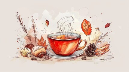 autumn tea illustration, minimalist line art drawing of a steaming cup of tea with warm autumn-themed doodles like acorns and pinecones in cozy hues