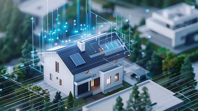 modern house with solar panels on the roof surrounded by digital connections and data streams symbolizing smart home technology for sustainable energy in an urban environment - Powered by Adobe