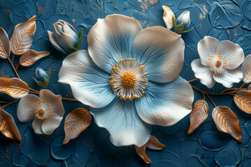 Obraz na płótnie Canvas a wallpaper 3d botanical flowers with one big flower for whole artwork flowing alcohol ink style bioluminescence navy blue background, white, gold 