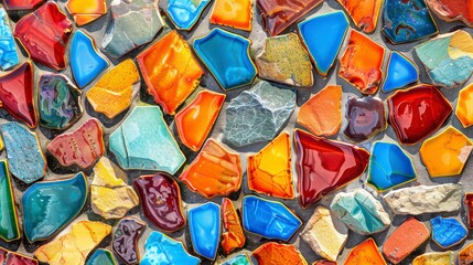 A detailed view of a mosaic tile with vibrant colors and a glossy finish