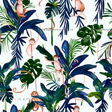 Whimsical Monkey and Tropical Foliage Background