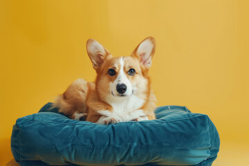 corgi dog lounging on a blue cushion against a vibrant yellow background