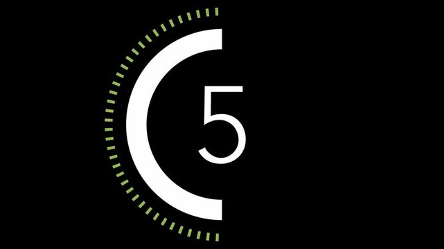 10 seconds dashed line circle countdown timer. Cyber Lime and White on Black bg. Stylish simple design, Fresh Cyber Lime Green colour concept. 4K Motion Graphics