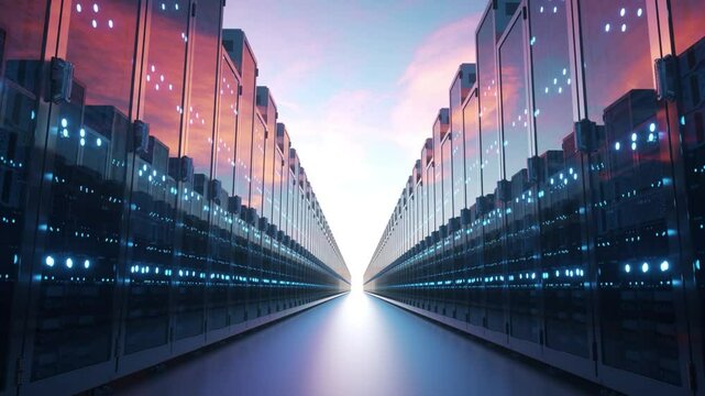 A long row of computer servers with a blue sky background. Cloud computing data concept