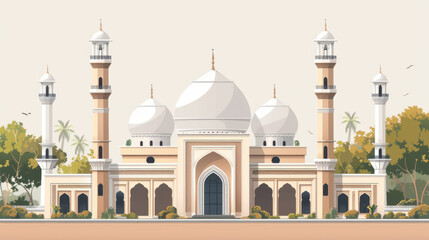 Fototapeta premium Detailed illustration of a grand mosque featuring multiple minarets and a beautiful architectural design.