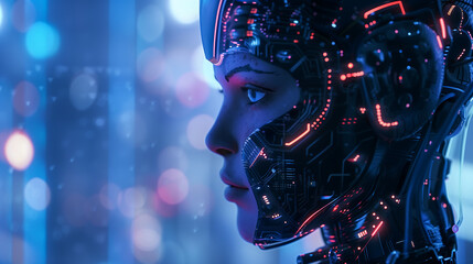 A beautiful female humanoid robot looking out into the world, cyberpunk, futuristic, vibrant colors, cinematic, bokeh effect, depth of field, high resolution photography.