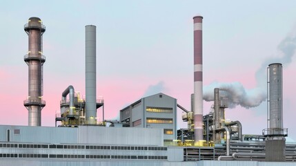 Obraz premium An industrial plant at dusk with smoke stacks and complex machinery illustrating the scale and intensity of manufacturing processes