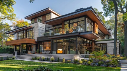 Fototapeta premium Modern architectural exterior with a combination of concrete and wooden elements, large windows, and surrounding trees, showcasing a sleek and sophisticated design