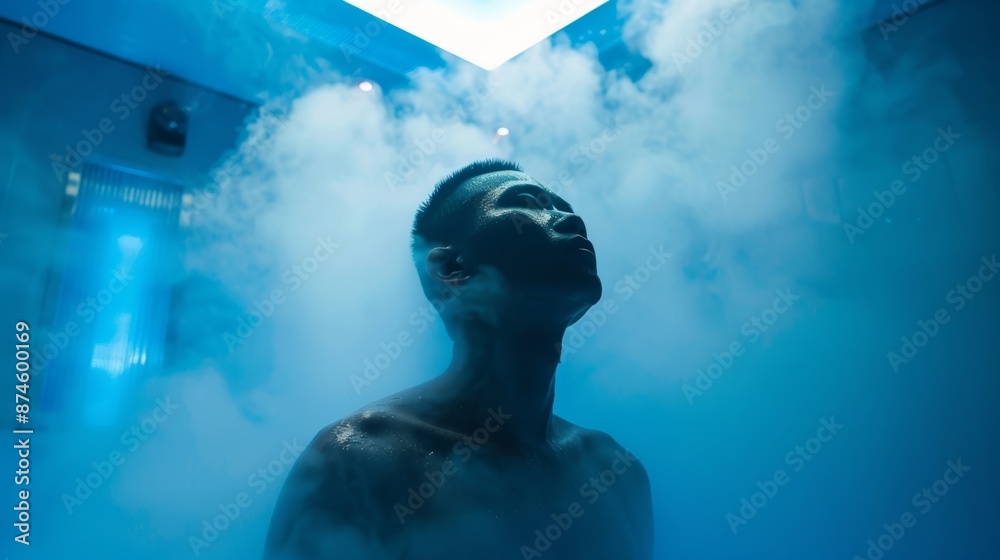 Wall mural inside the cryotherapy chamber a person stands with their eyes closed indulging in the invigorating 