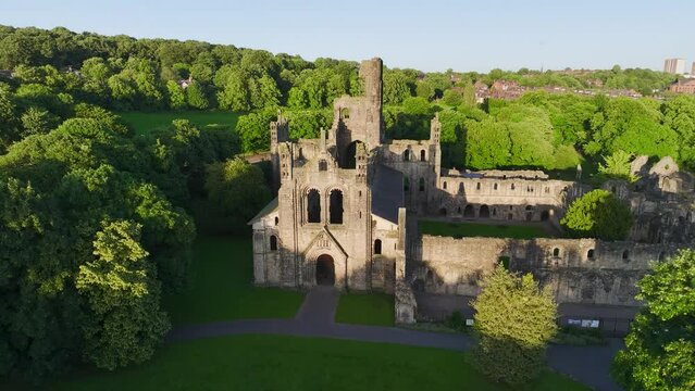 Kirkstall Abbey from a drone, Kirkstall, River Aire, Leeds, West Yorkshire, England
