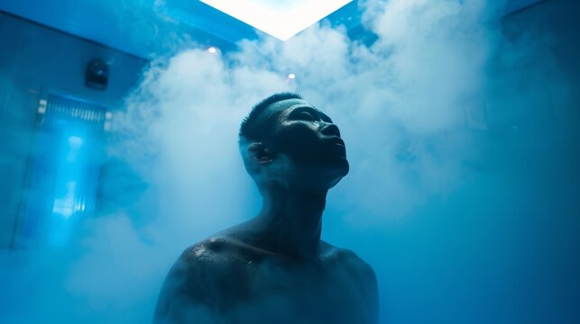 Inside the cryotherapy chamber a person stands with their eyes closed indulging in the invigorating sensation of the cold mist embracing their skin.