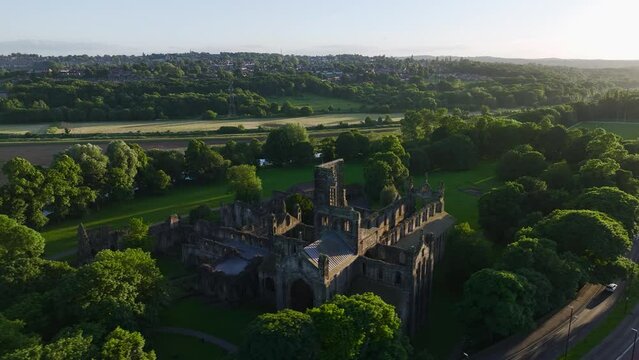 Kirkstall Abbey from a drone, Kirkstall, River Aire, Leeds, West Yorkshire, England