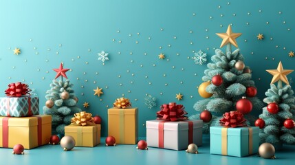 3D illustration of a festive scene with wrapped gifts and stylized Christmas trees on a turquoise background, creating a cheerful holiday atmosphere